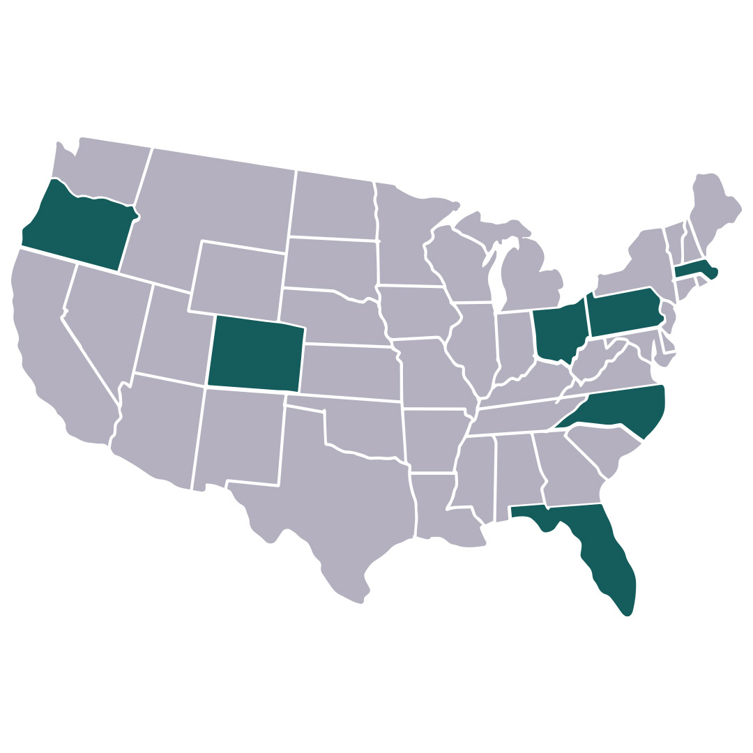 Map of HomewardVet Locations - Oregon, Colorado, Ohio, Pennsylvania, Massachusetts, North Carolina, Florida